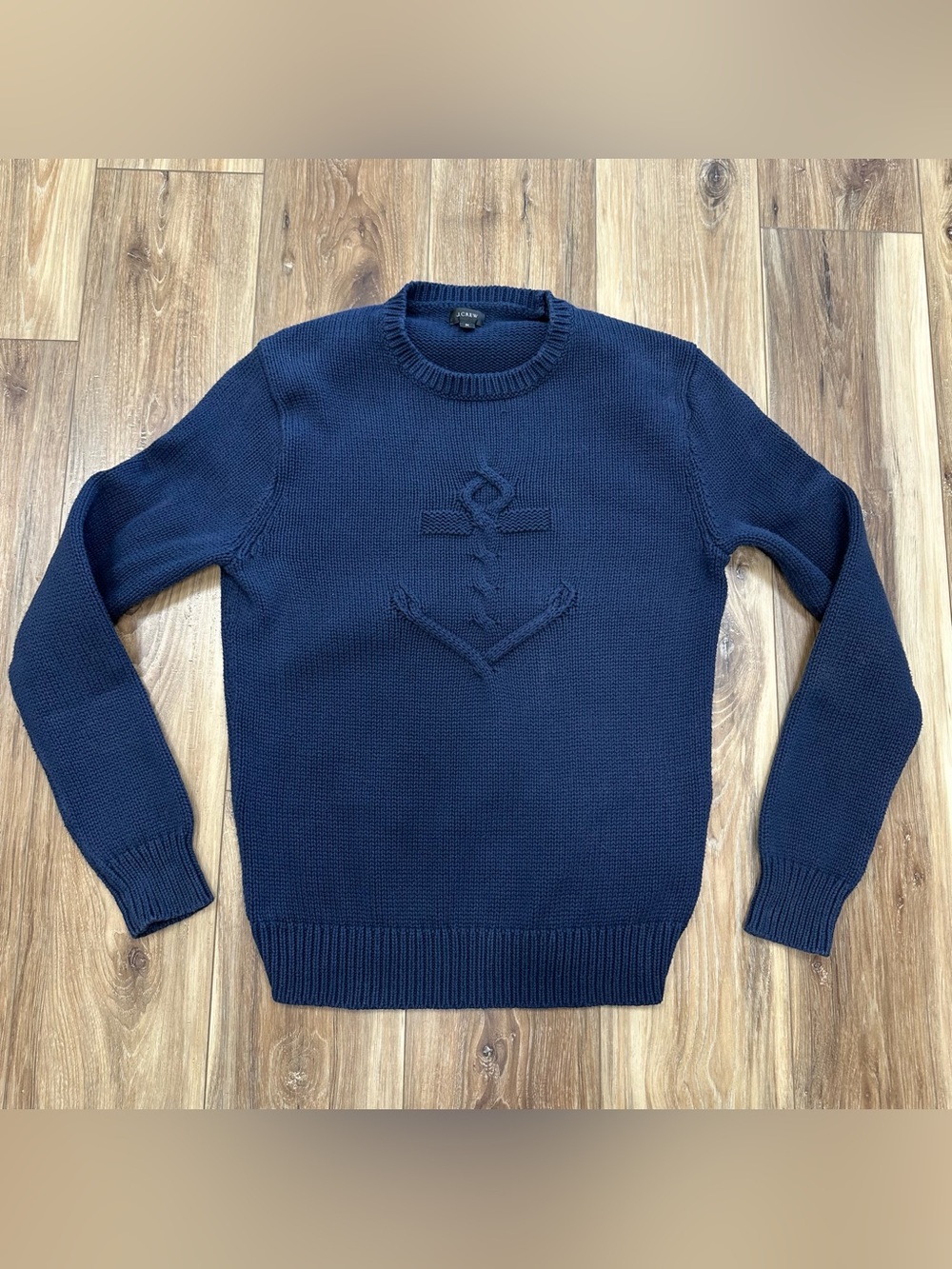Women’s J. Crew 100% Cotton Nautical Anchor Knit Crewneck Sweater, Navy, Medium